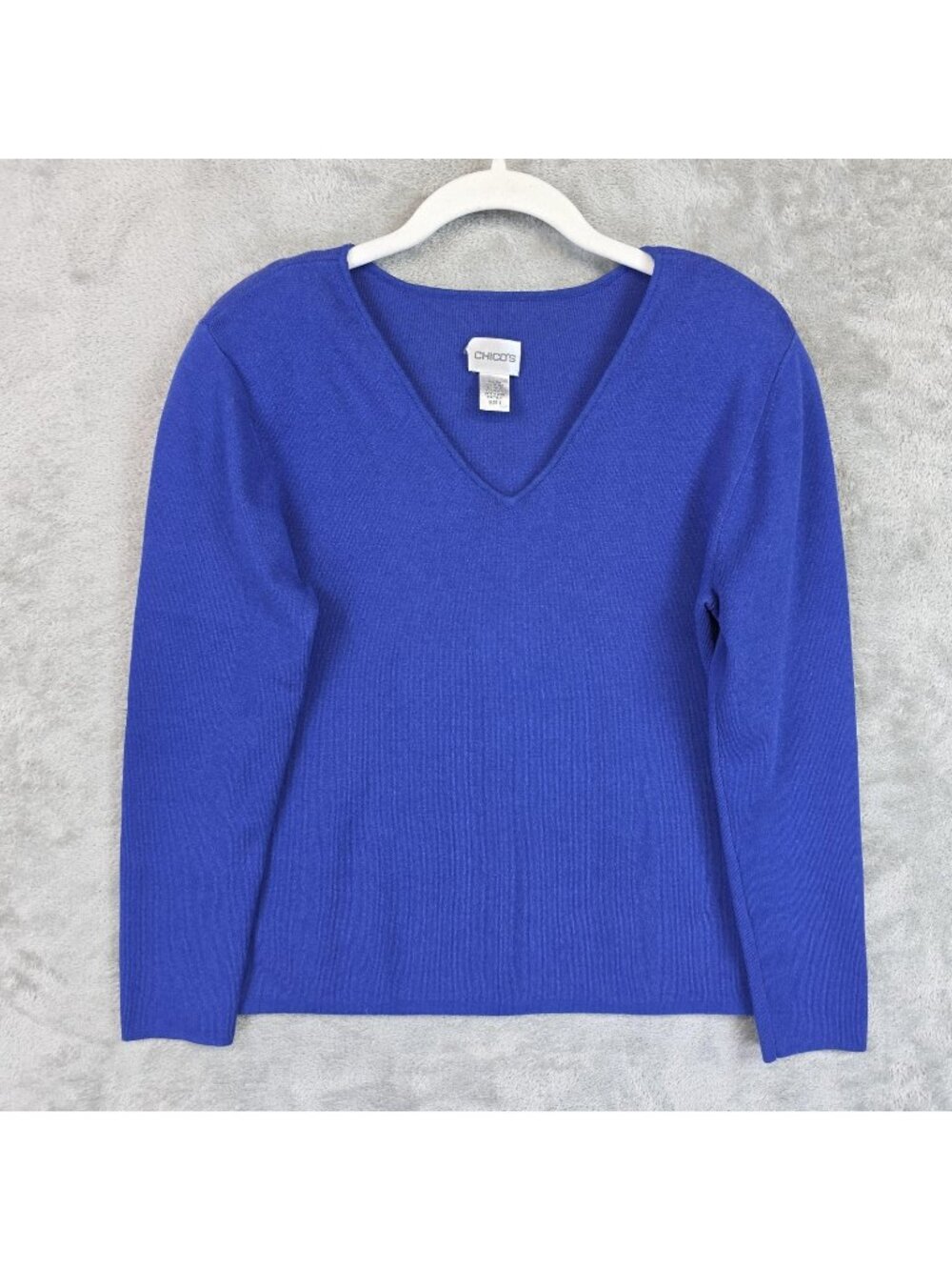 Chico's Sweater Womens M Blue Silk Cotton V Neck Long Sleeve Knit Pullover Top